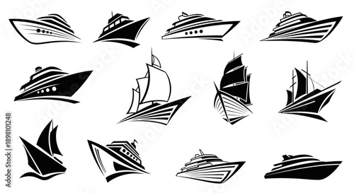 Elegant luxury yacht and sailboat silhouettes for high-end marine design.