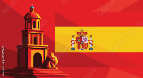 Spanish landmark silhouette against flag background in geometric style