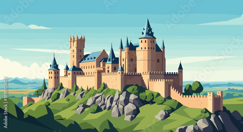 Majestic castle on hilltop surrounded by lush landscape in flat design