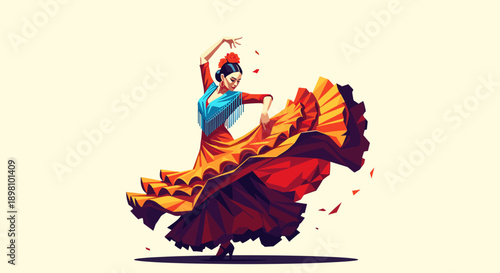 Vibrant flamenco dancer in geometric design with dynamic movement