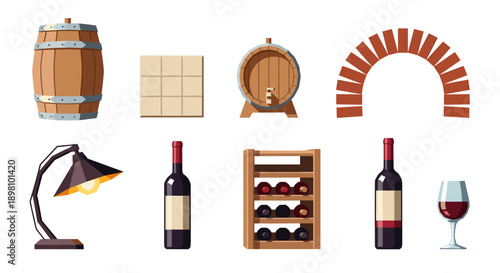 Wine cellar essentials: bottles, barrels, and more in flat design