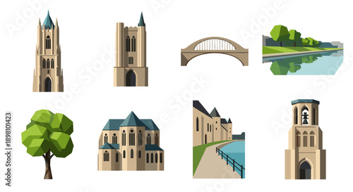 Low poly architecture and nature elements with reflections on water