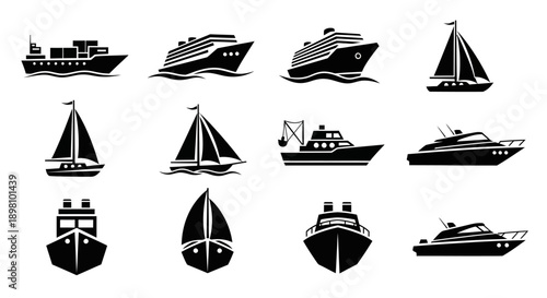Various watercraft silhouettes including sailboats speedboats and large cargo ships.