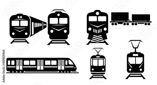 Different types of trains locomotives and public railway transport icons.