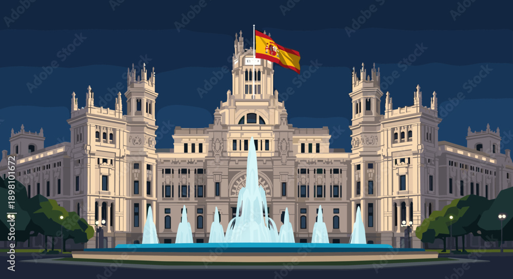 Obraz premium Majestic nightscape of the palacio de cibeles with illuminated fountain in madrid