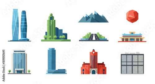 Colorful geometric cityscape icons featuring buildings and landscapes