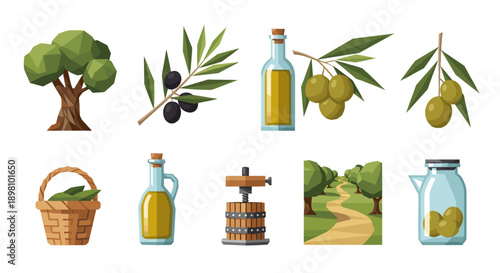 Olive oil production elements in low poly design featuring trees, baskets, and bottles
