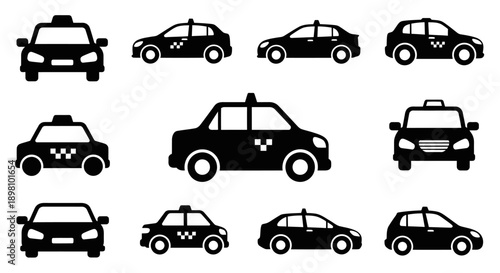 Taxi service icons showing front and side view cabs.