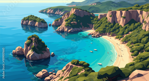 Low poly coastal landscape with azure waters and rocky cliffs