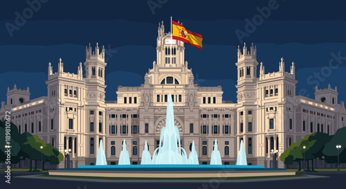 Majestic nightscape of the palacio de cibeles with illuminated fountain in madrid