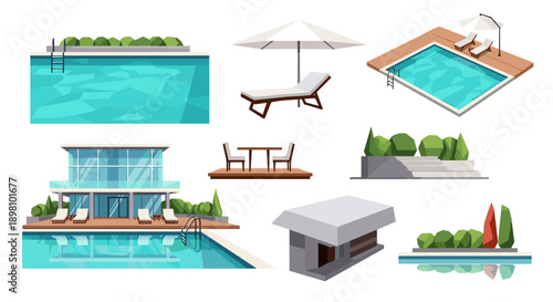 Modern poolside scenes with lounge chairs and umbrellas for summer