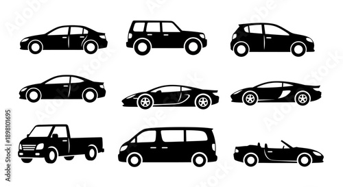 Different vehicle types silhouette including pickup truck and convertible.