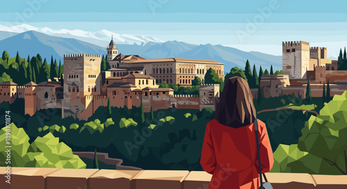 Woman gazing at historic fortress with mountain view in vibrant colors