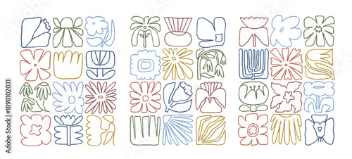 Abstract floral posters, cards in doodle style set. Contoured flower pattern,...
