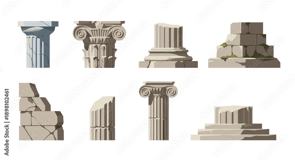 Fototapeta premium Classical and ruined antique columns set in flat design