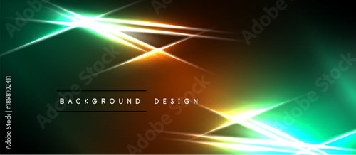 Abstract neon lines create dynamic futuristic background. Vivid green, orange hues blend with dark space. Modern design element.