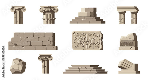 Ancient greek architectural elements: detailed classic structures and columns