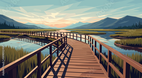 Scenic boardwalk through serene wetlands at sunset in geometric art style