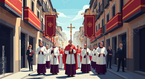 Religious procession in urban street with clergy and banners