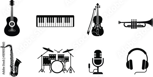 Acoustic guitar, piano keyboard, trumpet, violin with a bow, drum set, saxophone, vintage microphone, and headphones musical instrument silhouettes. 
