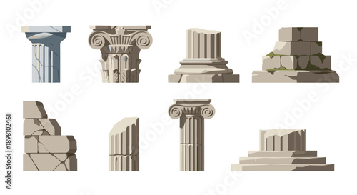 Classical and ruined antique columns set in flat design