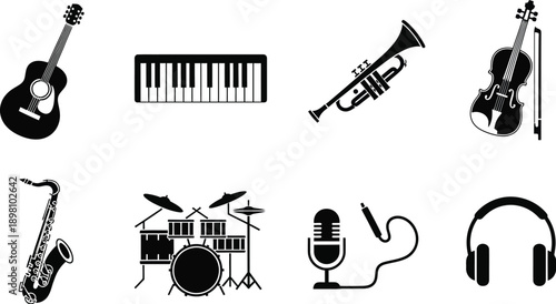 Acoustic guitar, piano keyboard, trumpet, violin with a bow, drum set, saxophone, vintage microphone, and headphones musical instrument silhouettes. 