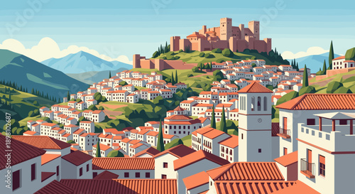 Scenic mediterranean village with mountainous backdrop in flat art style