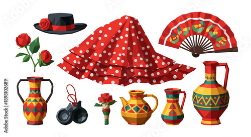 Spanish culture low poly art: flamenco dress, fan, guitar, and more