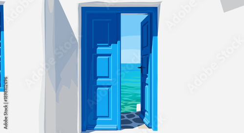 Open blue doorway leading to azure sea view in minimalist coastal scene