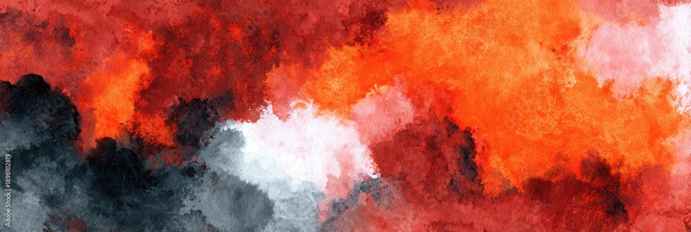 Naklejka premium Abstract watercolor artwork in vibrant hues of orange, red, and gray. Forms a cloudy composition