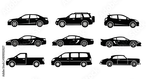 Various car silhouettes set including sedan, SUV, and pickup truck.