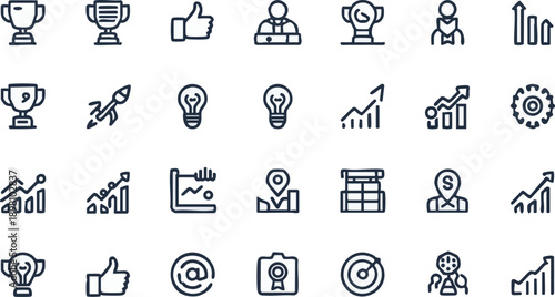 Success web icons in line style. Handshake, growth profit, innovation, increase sale, coaching, progress, strategy, achievment, collection. Editable stroke. Vector
