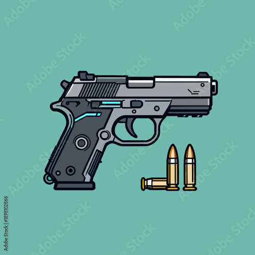Futuristic Semi-Automatic Pistol Illustration with Ammunition on Teal Background