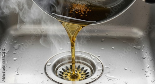 Close up of hot used oil being poured into sink drain. Concept of kitchen maintenance mistakes, clogged pipes and domestic plumbing issues. Environmental waste disposal problem.