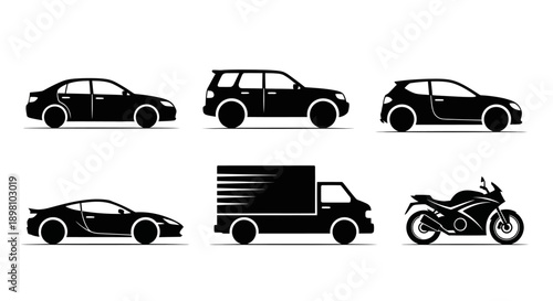 Transport silhouettes featuring cars, delivery truck, and sport motorcycle.