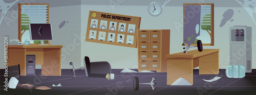 Destroyed and abandoned Police department office interior with computer desk, Police station damaged workplace vector