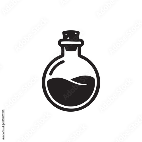 Simple Black and White Potion Bottle Icon with Cork Stopper and Liquid Illustration Clean Vector Design Alchemy Potion Formula Liquid Elixir Concept