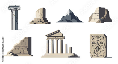 Ancient architectural elements set featuring greek pillars, rocks, and stylized mountain scenery