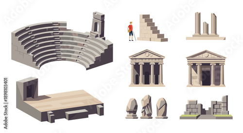 Ancient roman architecture icons featuring colosseum and classic temples