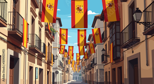Charming street with spanish flags and traditional architecture in daylight