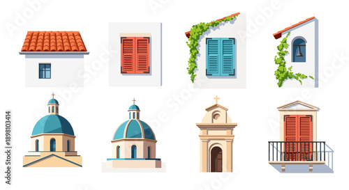 Charming mediterranean architecture with colorful shutters and lush vines