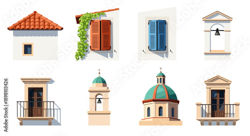 Charming mediterranean architecture elements with vibrant windows and domes