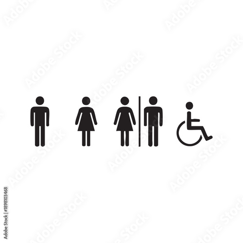 Universal Access Pictograms for Restroom Facilities Gender Neutral and Disabled Accessible Signage Simple Black and White Icons Representing Men Women and Wheelchair Users Clear Communication