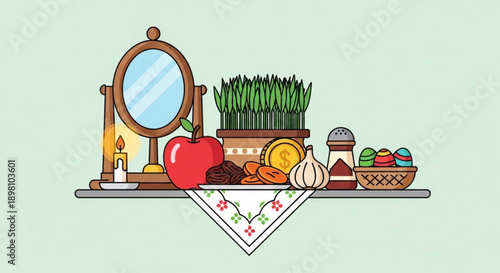 Traditional nowruz table setting with symbolic foods and mirror on shelf