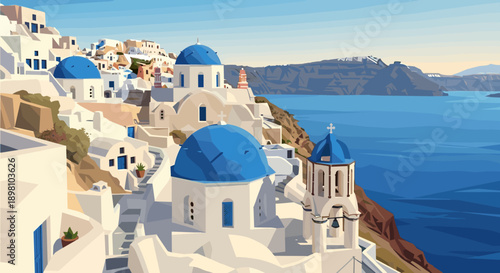 Scenic mediterranean architecture with blue domes and ocean view in flat design