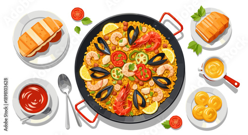 Delicious spanish paella with seafood and sides in flat design