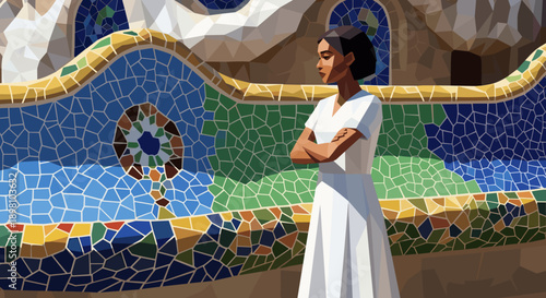 Woman standing in front of colorful mosaic wall in modern geometric style