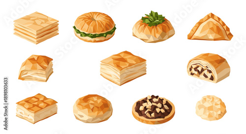 Low poly style assorted pastries collection featuring croissants, humus pies, samosas, and sweet desserts
