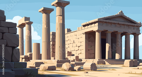 Ancient greek temple ruins with columns under a clear blue sky