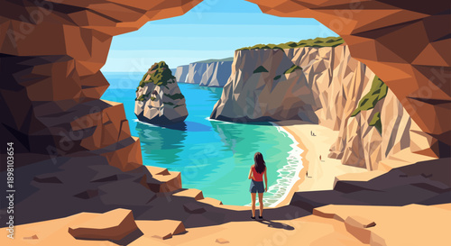 Woman admiring stunning beach cove from rocky cliff in abstract geometric style